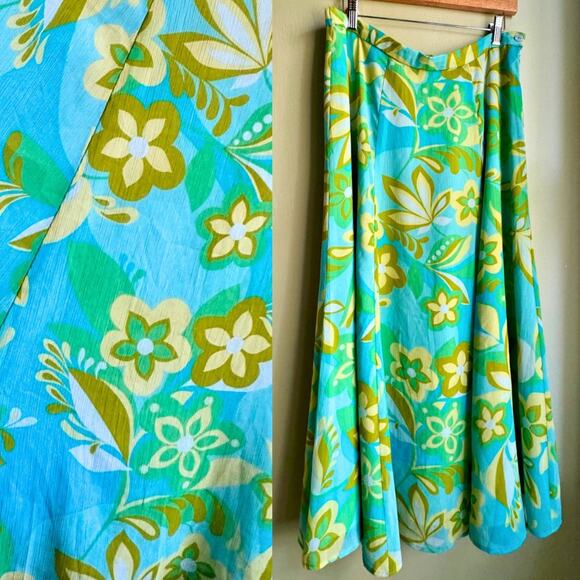 VTG Y2K Coldwater Creek Blue Green Yellow Floral Midi Skirt A-Line Sz L - Picture 2 of 6